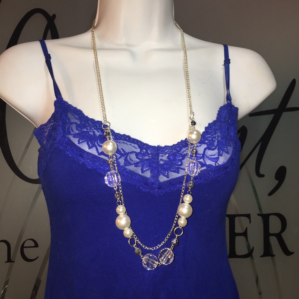 Pearl & crystal beaded necklace adj up to 34” Long